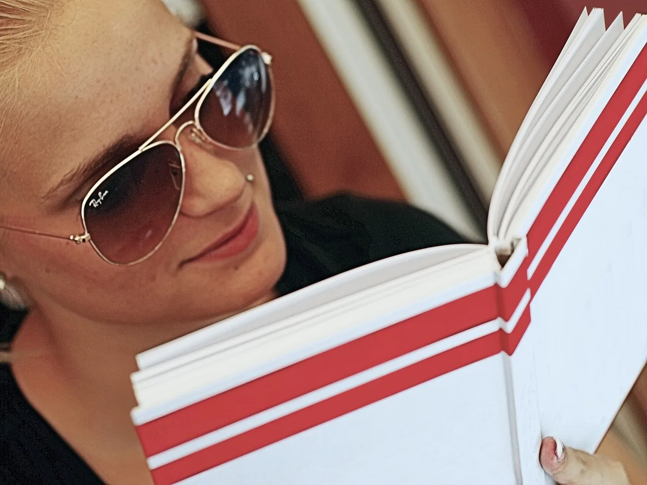 reading, book, study, read, story, woman, girl, smile, smiling, sunglass, happy, young, person, female, lady, mockup
